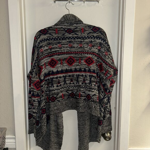 Roxy Grey/Red/Blue Aztec Print Knit Open Draped Holiday Cardigan Sweater Large - Picture 5 of 6